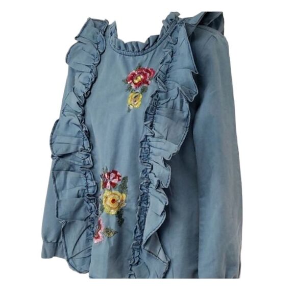 Chambray Ruffle Long Sleeves Denim Top - Picture 1 of 13